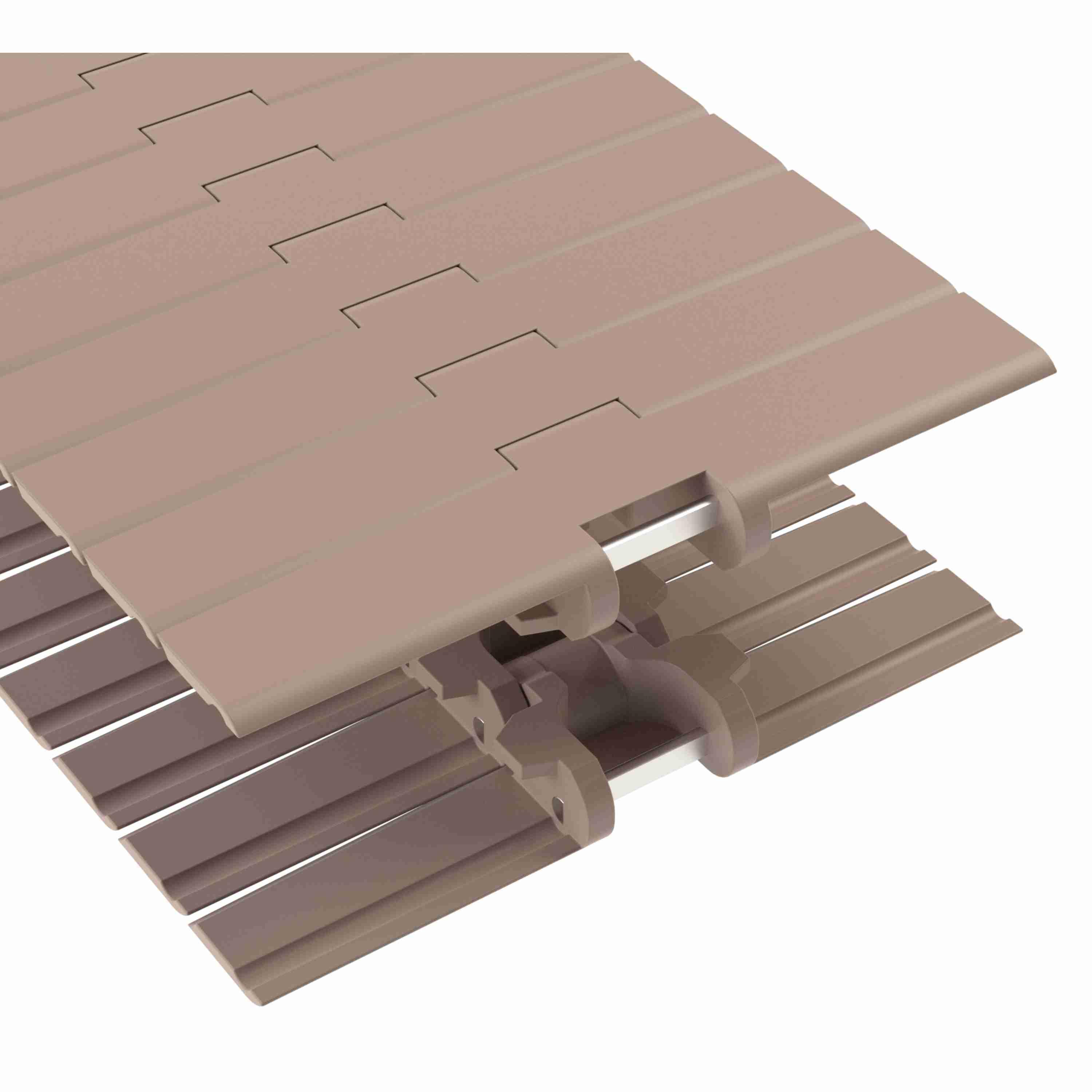 Tabletop Chain, Side-Flexing, Series: 882, 1.5 in Pitch, 10 in Plate Width, 4.8 mm Plate Thickness, 610 mm Minimum Side-Flex Radius, 40 mm Minimum Back-Flex Radius, 625 lb Tensile Strength, 10 ft Overall Length, Acetal, Tan