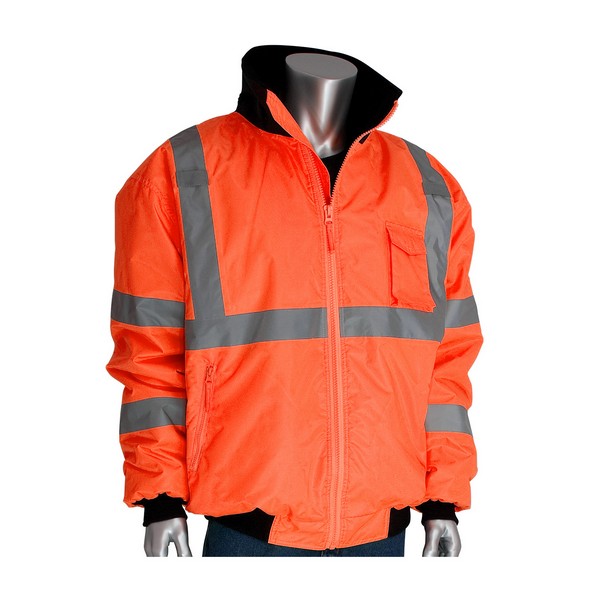 Bomber Jacket, Hi-Viz, Unisex, 4XL, Hi-Viz Lime Orange, Polyester, 35 in Chest, 33 in Length, Zipper Closure, 5 Pockets, Resists: Water