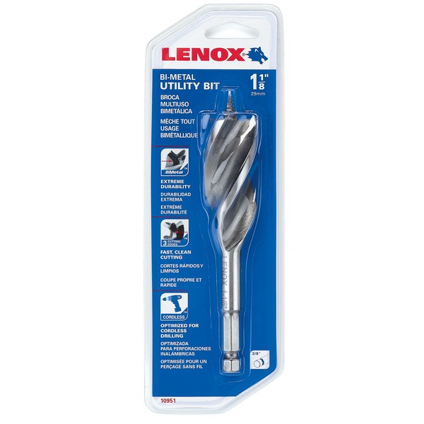 Utility Wood Drill Bit, Bi-Metal, Drill Style: Utility, 1-1/8 in Diameter, 6 in Overall Length, 3 Flutes, 3/8 in Shank, Hex Shank, Right Hand Cutting Direction, HSS Cutting Edge, HSS, Bright