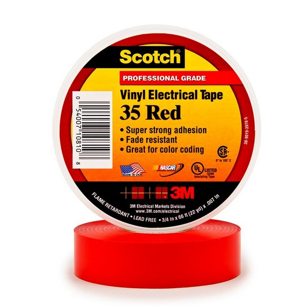 Electrical Tape, 1-Sided Premium Grade, 20 Foot Length, 1/2 Inch Width, 7 mil Thickness, PVC, Red, Rubber Adhesive, PVC Backing, 20 in-oz Adhesion Strength, 600 VAC, 1250 V/mil Dielectric Strength, 17 in-lb Tensile Strength, 220 °F Maximum Operating