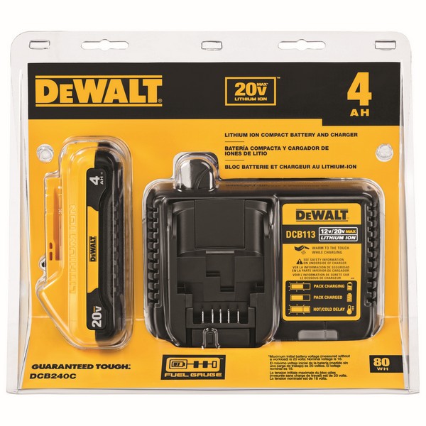 Battery, Compact, Lithium-Ion Battery, 4 Ah Battery, 20 VDC Charge, For Use With: Tools and Chargers, 5 in L Dimensions