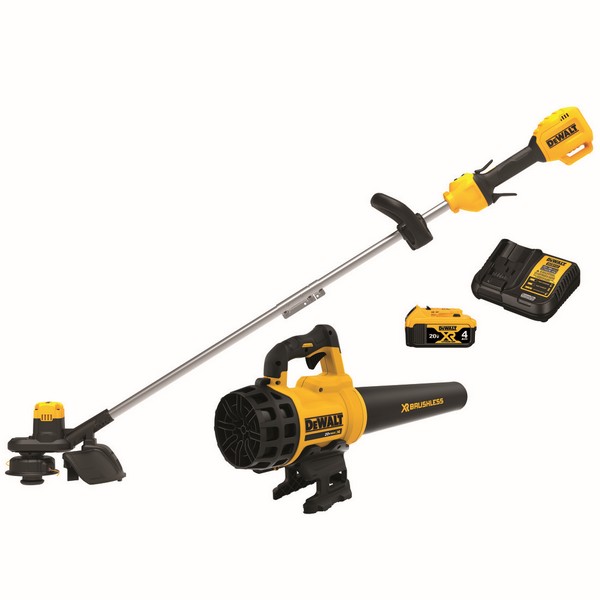 Combination Kit, Edger, Trimmer, Cutter, String Trimmer and Blower Power, 20 VDC, Lithium-Ion Battery, Lithium-Ion, 4 Ah Battery, Specifications: 400 cfm and 90 mph Speed, 61 dB Noise, 5300 to 6300 RPM Gear Drive Transmission, 13 in W Cutting, 4 Piec