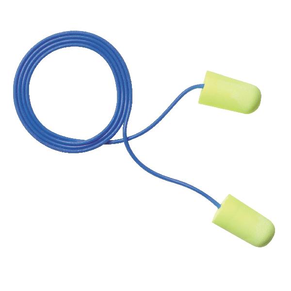 Earplugs, Corded, Series: Neons, Corded Design, 33 dB Noise Reduction, Tapered Shape, L Size, Yellow Plug, Soft Polyurethane Foam Plug, Blue Cord, Vinyl Cord, Specifications Met: CSA Class AL, Disposable/Reusable: Disposable