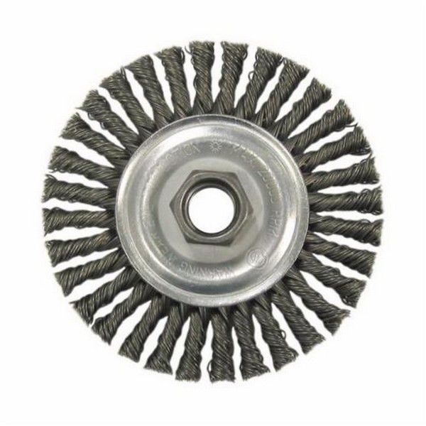 Weld Cleaning Brush, Narrow Face, 4 in Brush Dia, M10x1.25, Stringer Bead Knot Wire, 0.02 in Wire Dia, Steel Wire, 20000 RPM Max