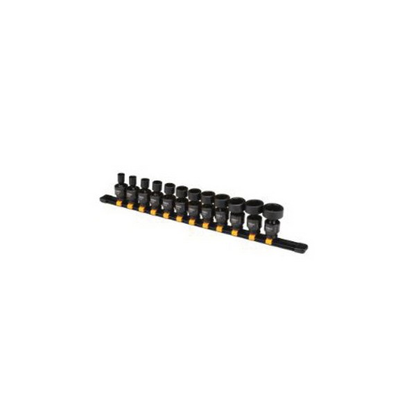 Impact Socket Set, Yes Impact Rated, Measurement System: Imperial, 12 Piece, Included Socket: 5/16 to 1 in, 3/8 in Drive, Drivers Included: No, Clip Rail Container, For Use With: O-Ring and Retaining Pin, CR-440 Steel, Black Oxide, Black