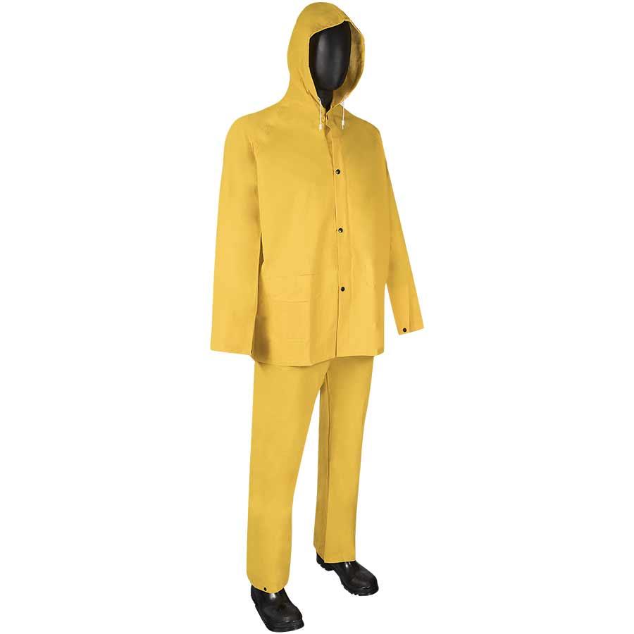 Rainsuit, 3-Piece, Series: LS14, XL Size, Hi-Viz Green, PVC/Polyester, Detachable Hood, 0.35 mm Thickness, Front Snap Closure