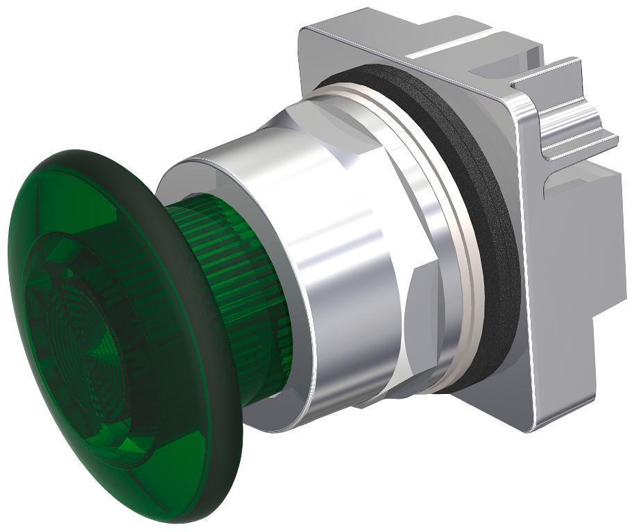 Illuminated Push-Pull Operator, 2-Position Class 52 Corrosion-Resistant Heavy Duty Oil/Watertight Round, 30 mm, Maintained ContMode, Mushroom Head/Pull-to-Release Operator, NEMA 1/3/3R/4/4X/12/13/IP20/IP66, -31 to 158 °F, Metal, Polished Chrome, Gree