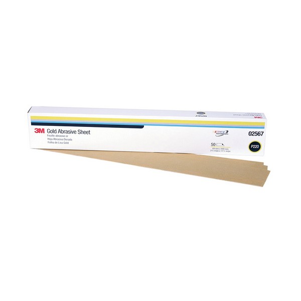 Coated Abrasive Sheet, Clip-On, 16-1/2 in Length, 2-3/4 in Width, P220 Grit, Coarse Grade, Aluminum Oxide Abrasive, Paper Backing, Open Coat, Applicable Materials: Clear Coat, Fiberglass, Paint, Plastic, Primer and Putty, Gold, A-Weight Backing Weigh