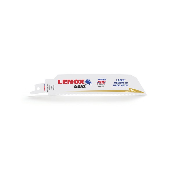 Reciprocating Saw Blade, Power Arc Curved, 6 in Length, 1 in Width, 0.035 in Thickness, 14 TPI, Reinforced/Tapered Pitch Teeth, 1/2 in Tang, Universal/Toothed Edge Tang, HSS Cutting Edge, Flexible Steel Body, Titanium Coated, Applicable Materials: Me