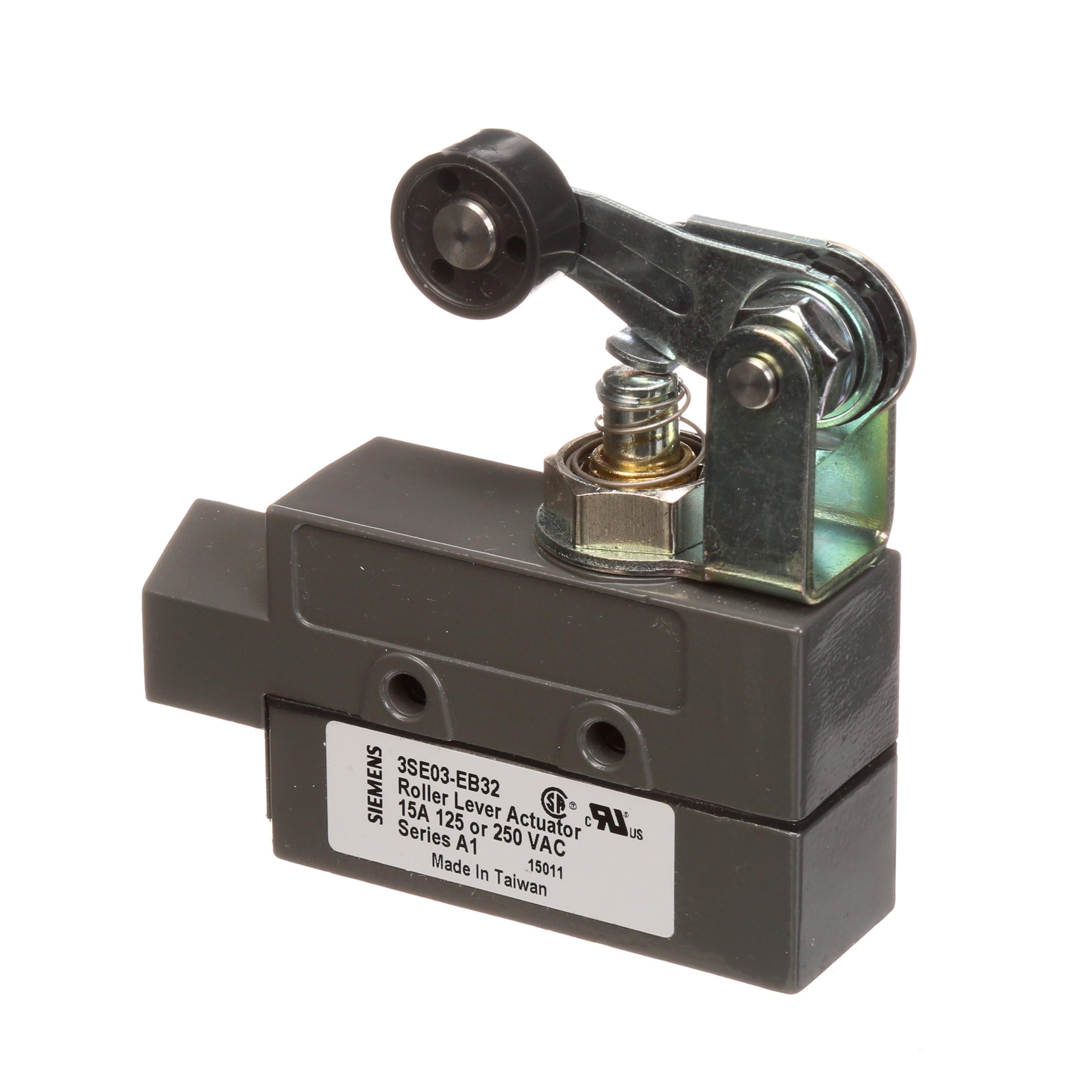 Limit Switch, 125/250 VAC/8 to 14 VDC, 15 A, 1NC-1NO ContConfiguration, Snap Action, Roller Lever Actuator, 1/2 in NPT Connection, NEMA 1 Enclosure, 5 to 176 °F Operating, Die Cast Aluminum