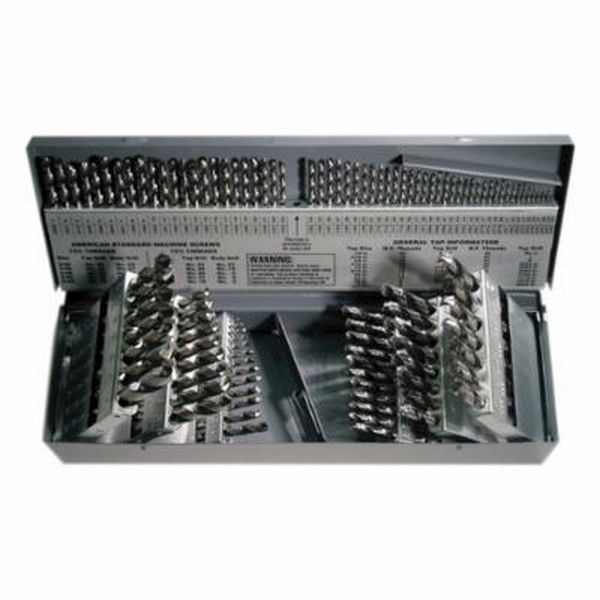 Jobber Length Drill Set, Series: 2002G, Imperial System of Measurement, 118 deg Drill Point Angle, 115 Piece, Specifications: 4XD in Depth of Cut, Radial Point, Right Hand Cut, Spiral Flute, Straight Shank, HSS, Bright