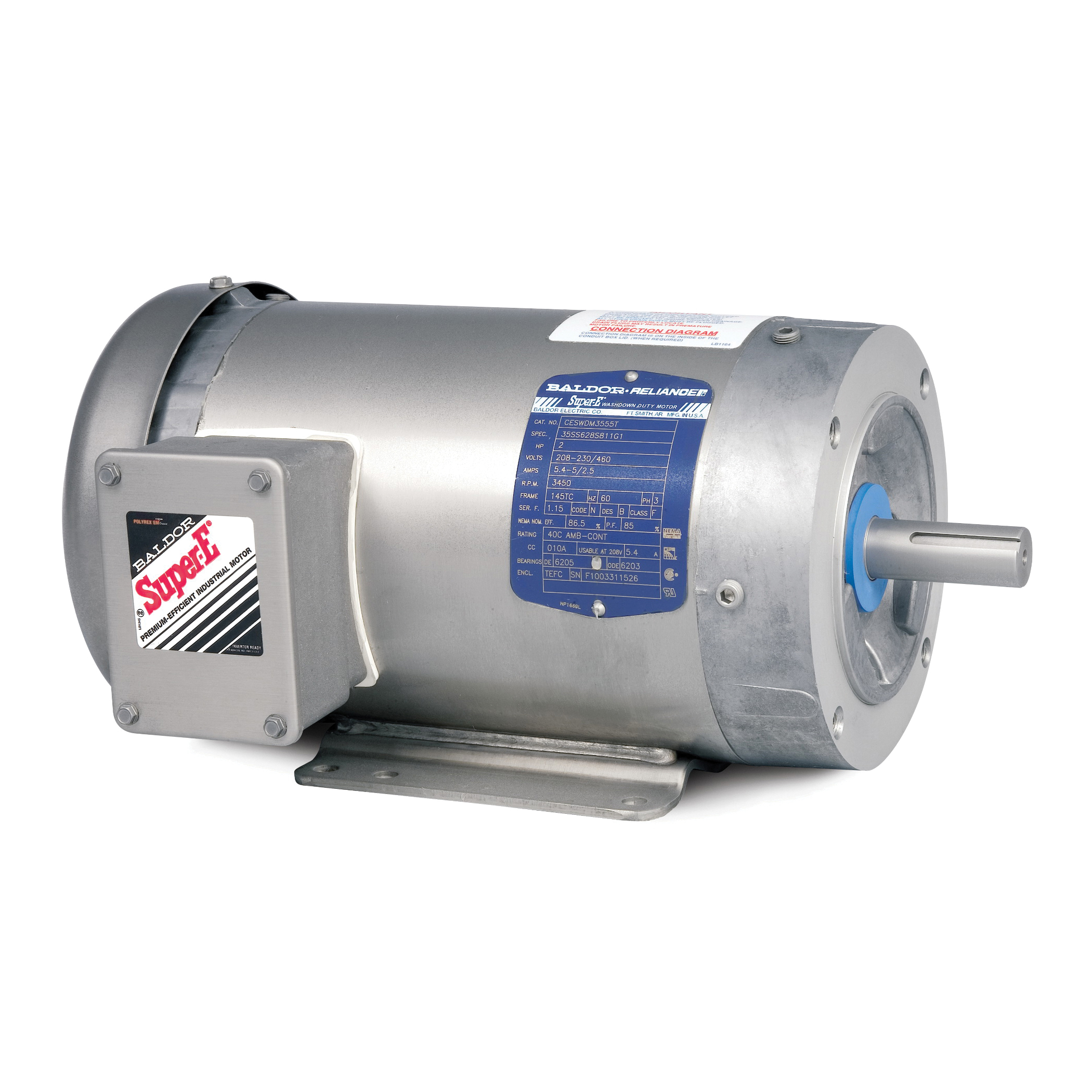 AC Motor, 2 HP, 208/230/460 VAC, 5.9/5.6/2.8 A, 60 Hz Frequency, 3 ph, 1755 RPM Speed, 1 Speed, Totally Enclosed Fan Cooled Enclosure, 145TC Frame, 7/8 in Shaft, Reversible Rotation, 1.15 Service Factor, Sealed Bearing, 5.934 ft-lb Torque, C-Face Foot Rigid Base Mounting, 40 to 76 C, Insulation Class: Class F, Stainless Steel