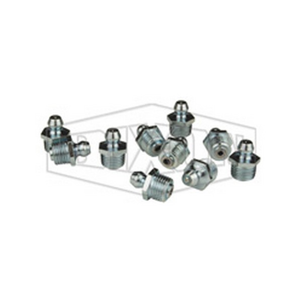 Grease Whip Zerk Ball Check, Straight, 1/8-27 NPT, 0.66 Inch Overall Length, 0.43 Inch Hex, Zinc Plated, Steel