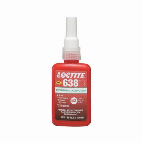 Retaining Compound, High Strength, Series: 638™, Bottle, 50 mL, Green, Characteristic, -65 to 300 deg F, 1.1 Specific Gravity, 93.3 deg C Flash, 0.03 VOC, 2500 cPs Viscosity Rating, 4500 psi Shear Strength