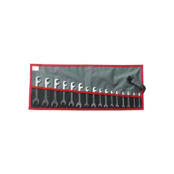 Wrench Set, Angle Open End Short Length Standard, Metric System of Measurement, 3.2 to 17 mm Size, 16 Piece, Specifications: 15 and 75˚ Head, Alloy Steel, Satin, Silver