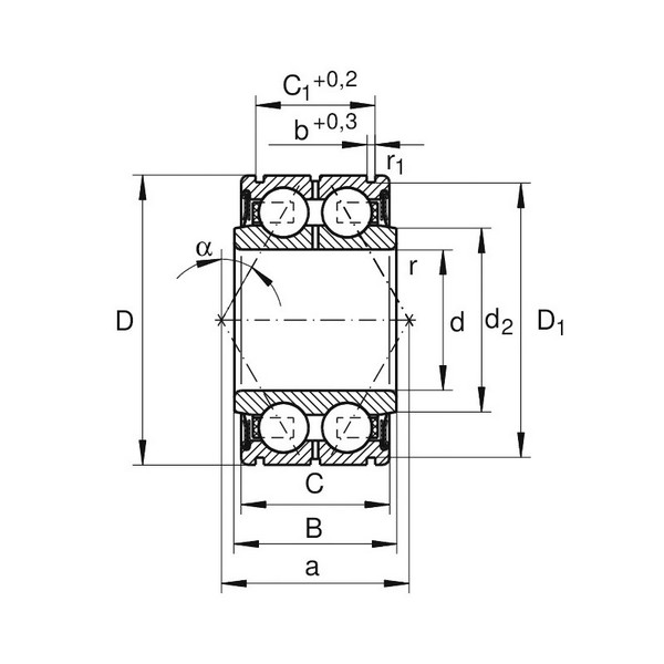Angular Contact Ball Bearing, 40 mm Bore, 80 mm Outside Diameter, 2 Rows, 38 mm Width, Double Seal Closure, Cast Iron Bearing