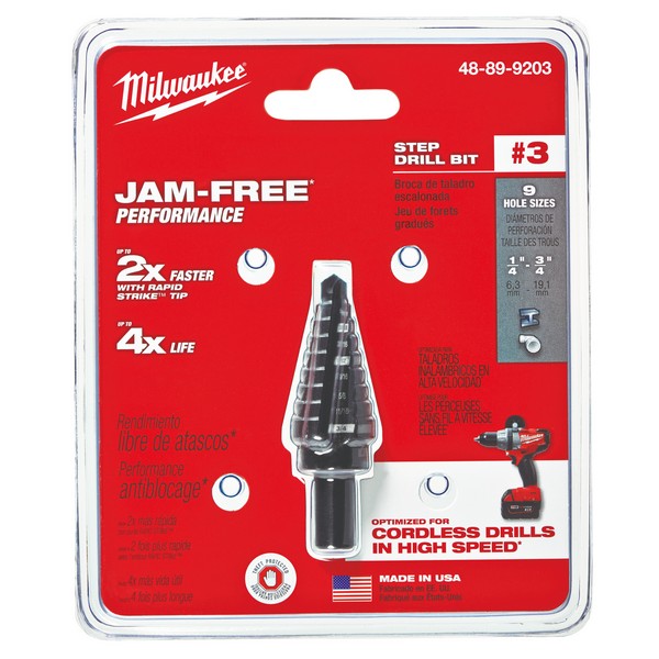Step Drill Bit, Imperial, #3 Letter/Wire, 1/4 in Diameter Minimum Hole, 3/4 in Diameter Maximum Hole, 9 Steps, 9 Hole, 2 Flutes, 3/8 in Shank, 3-Flat/Reduced Shank, HSS Cutting Edge, HSS, Black Oxide, Applicable Materials: Metal and Plastic
