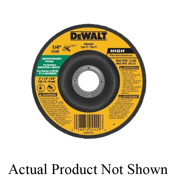 Depressed Center Grinding Wheel, Flat, 4-1/2 in Wheel Diameter, 1/4 in Wheel, Threaded Arbor Connector, 24 Grit, Coarse Grade, Silicon Carbide Abrasive, Wheel Type Number: Type 27, 13300 RPM Resin Bond, Applicable Materials: Concrete, Cast Iron, Duct