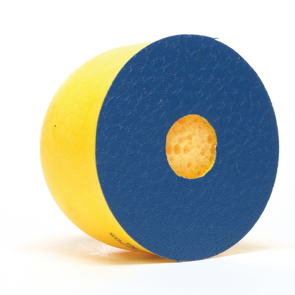 Disc Hand Pad, Center Water Feed PSA Disc, 3 Inch Diameter, 7/8 Inch Thickness, Blue/Yellow Pad Color