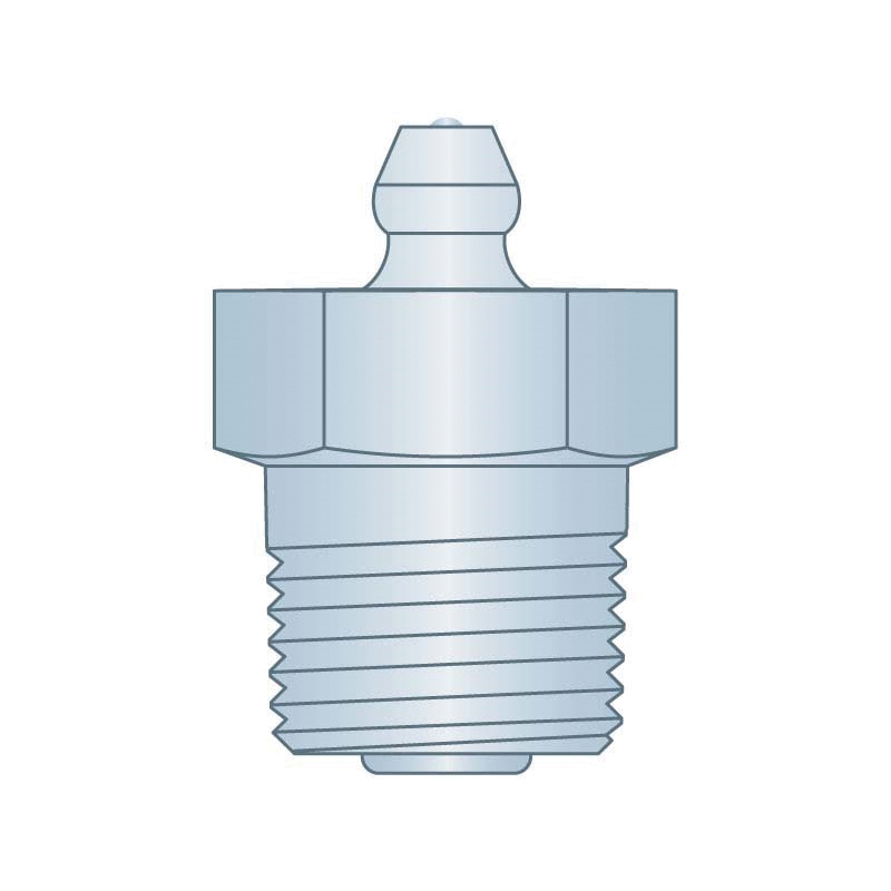 Zerk Grease Fitting, Straight, 3/8-18 PTF Thread, 0.9 in Overall Length, 0.43 in Shank Length, 3/4 in Hex, Clear Trivalent Zinc Plated, Steel
