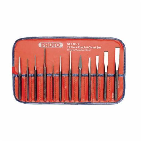 Punch and Chisel Set, 3/16 to 1/2 in Chisel, 1/16 to 3/8 in Punch, 6 in Overall Length, 7 Number of Punches, 5 Chisels, 12 Piece, Steel, Black Oxide