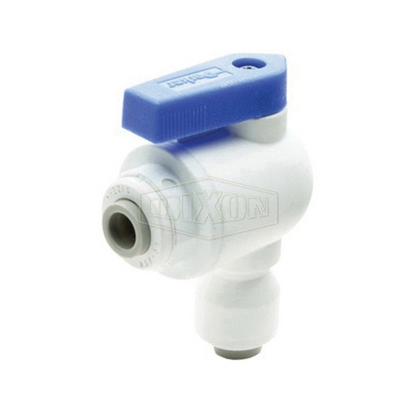 Ball Valve, 1/4 Inch Nominal, Tube x Tube Elbow Union, 150 psi, 0 to 225 °F, Media: Fluid, Polysulfone Ball, Glass-Reinforced Polypropylene Body, EPDM O-Ring/Seal