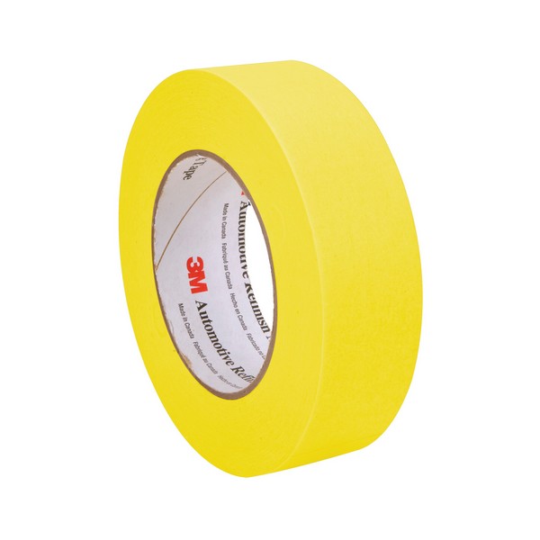 Masking Tape, Automotive Refinish, 55 m Length, 36 mm Width, Paper, Yellow, Rubber Adhesive, Crepe Paper Backing, 37 in-oz Adhesion Strength, 28 in-lb Tensile Strength, 250 °F Maximum Operating, Removability: Removes Cleanly and Easily in 1-Piece Lea