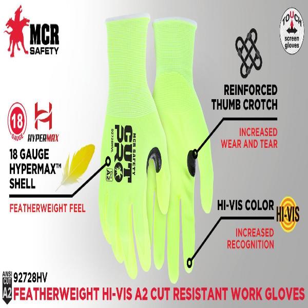 Work Gloves, XX-Large Size, Nitrile Foam Palm, Lime Green, ANSI Cut-Resistance Level: A2, ANSI Puncture-Resistance Level: 3, Resists: Cut Resistant