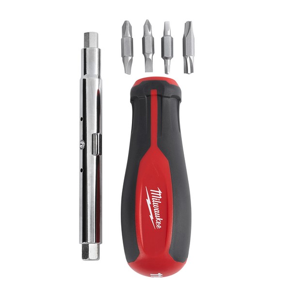 Multi-Bit Screwdriver, 11-in-1 Round Shank, Measurement System: Imperial, Phillips®/Slotted/Square/ECX™ Bit, 10 in Overall Length, Plastic/Rubber Tri-Lobe Handle, 11 Piece, Quick-Change Bit Retainer, Forged Steel
