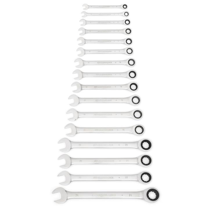 Combination Ratcheting Wrench Set, Long Length, Metric System of Measurement, 8 to 24 mm, 16 Piece, 12-Point, Box End Drive, Polished Chrome