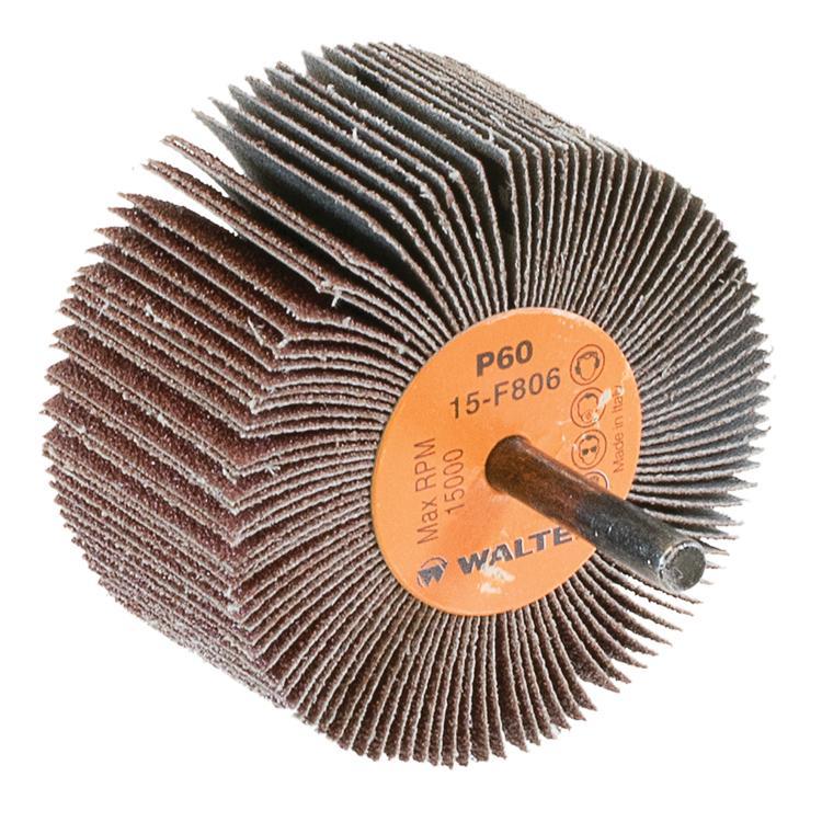 Abrasive Flap Wheel, 3 in Wheel Dia, 1-1/2 in Face Width, 60 Grit, 15000 RPM Maximum, 1/4 in Center Hole, 1/4 in Arbor Attachment