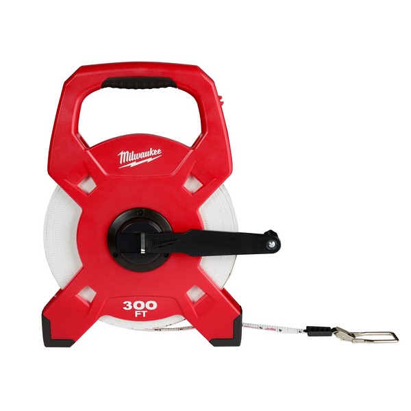 Measuring Tape, Long, Measuring System: Imperial, 300 ft Blade Length, 1/2 in Blade Width, Fiberglass Blade, Graduations: 1/10 in, Manual Rewind, Open Reel Case, ABS Case, Black/Red Case