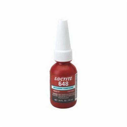 Retaining Compound, High Strength, Series: 648™, Bottle, 10 mL, Green, Characteristic, -65 to 300 deg F, 1.129 Specific Gravity, 93.3 deg C Flash, 0.03 VOC, 500 cPs Viscosity Rating, 3900 psi Shear Strength