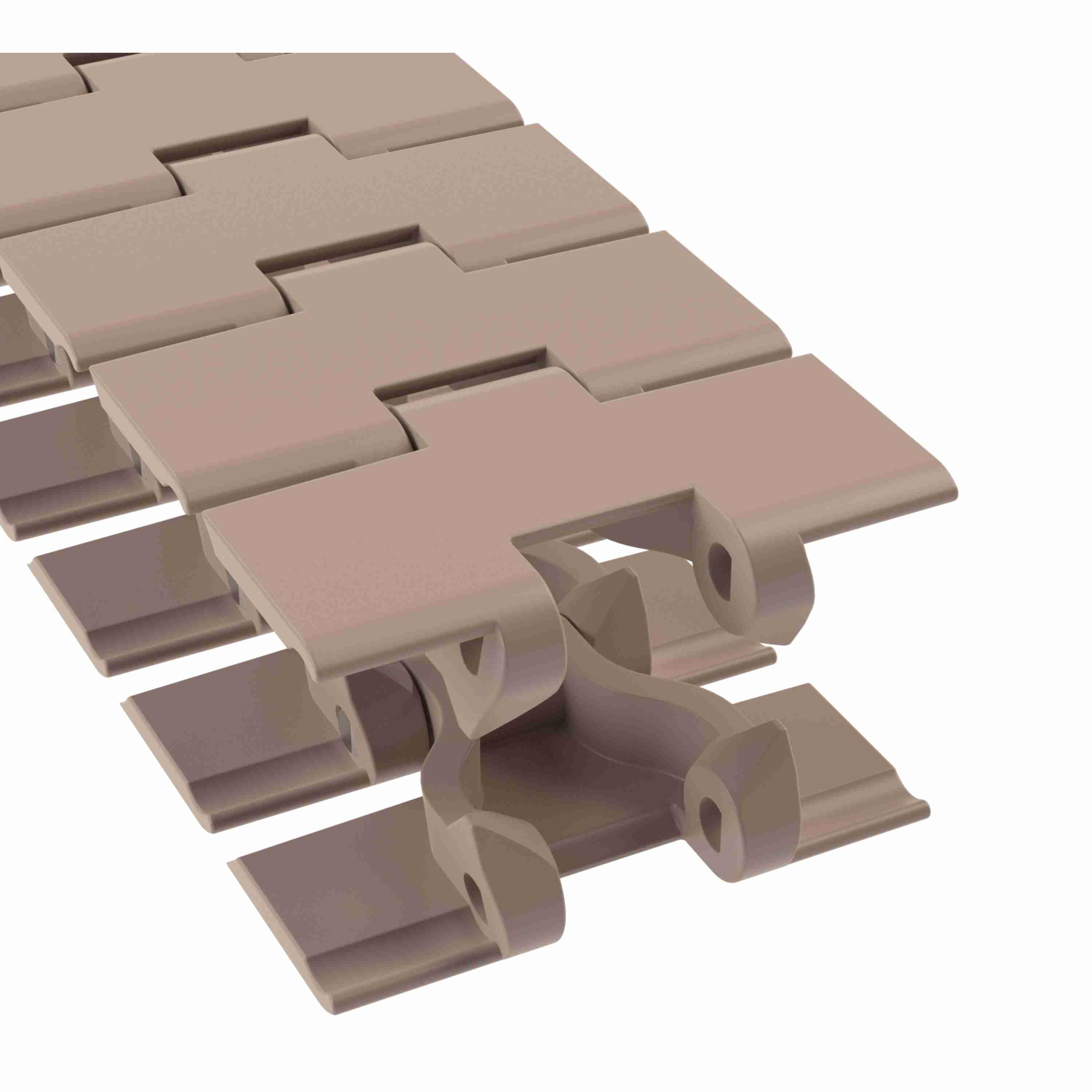 Tabletop Chain, Side-Flexing, Series: 880, 1.5 in Pitch, 3.25 in Plate Width, 4 mm Plate Thickness, 457 mm Minimum Side-Flex Radius, 40 mm Minimum Back-Flex Radius, 425 lb Tensile Strength, 10 ft Overall Length, Acetal, Tan