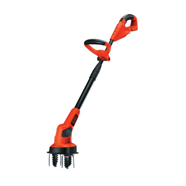 Garden Cultivator, Lightweight, 4 Inch Tilling Depth, 7 Inch Working Width, Hardened Steel Tine, Battery Power Source, Switch Starter, Adjustable/Auxiliary/Soft Grip Handle, Black/Orange