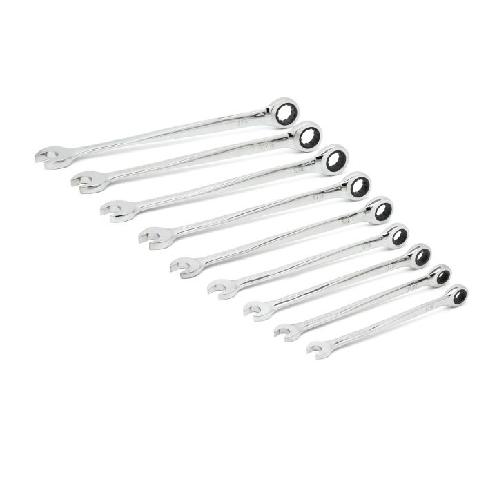 Combination Ratcheting Wrench Set, Extra Long Length, Series: XL X-Beamâ„¢, Imperial System of Measurement, 5/16 to 3/4 in, 9 Piece, 12-Point, Box End Drive, Alloy Steel, Polished Chrome, Silver