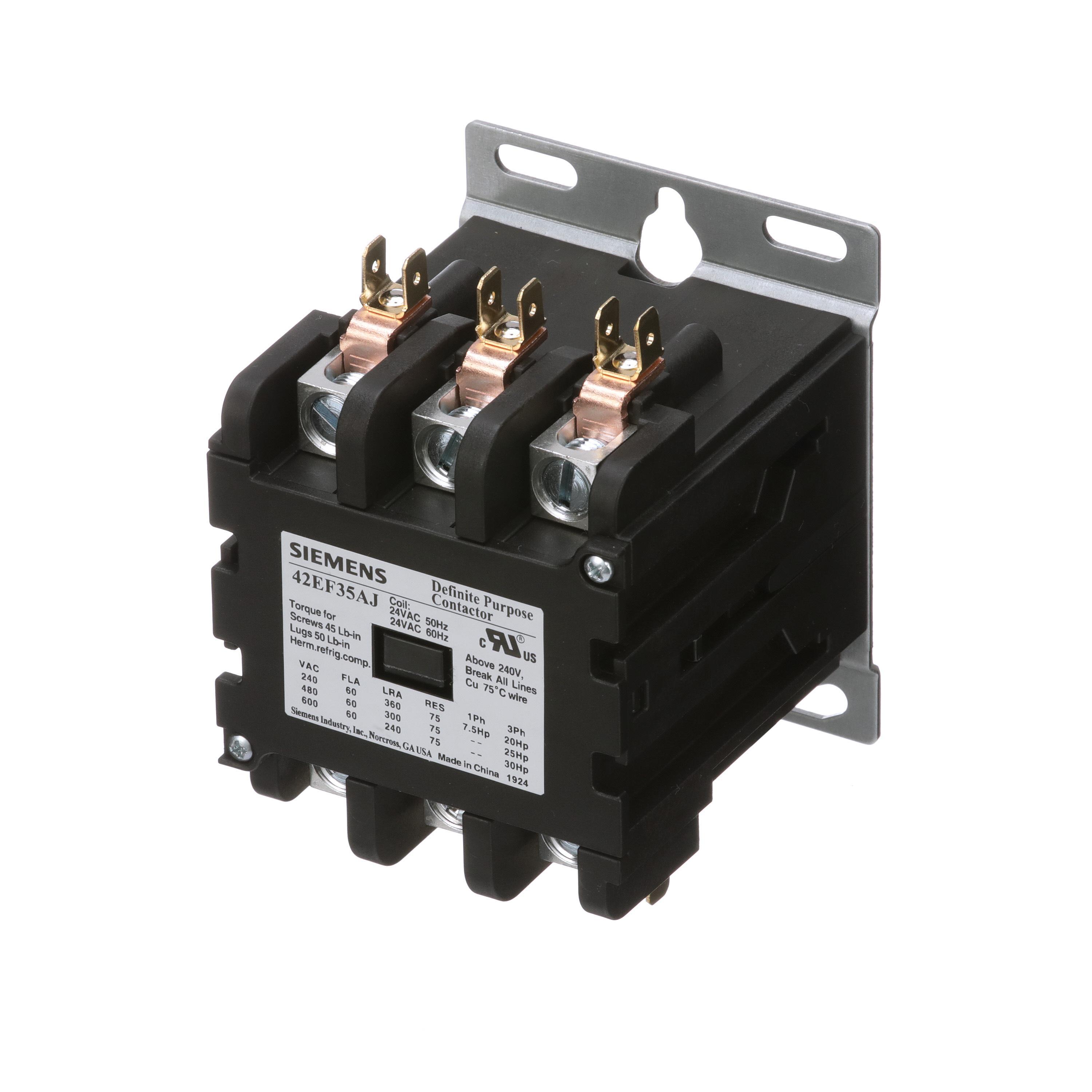 Definite Purpose Contactor, 24 V Coil, 60 A Max Load Current, 10 HP, 15 HP Coil, 3 Pole, 50/60 Hz Frequency, Auxiliary Contact, 4NO-4NC Contact Configuration, 4 Auxiliary Contacts, 10 A, 11 A 1/2 HP, 0.6 A, 0.3 A Contact, Screw Terminal