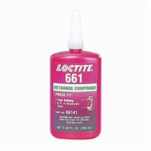 Retaining Compound, 1-Part, Series: 661™, Bottle, 250 mL, Amber, Characteristic, -65 to 350 deg F, 1.1 Specific Gravity, <gt/>199.94 deg F Flash, 54.58 g/L VOC, 400 to 600 mPs Viscosity Rating, Flammability: 1, 2475 psi Shear Strength