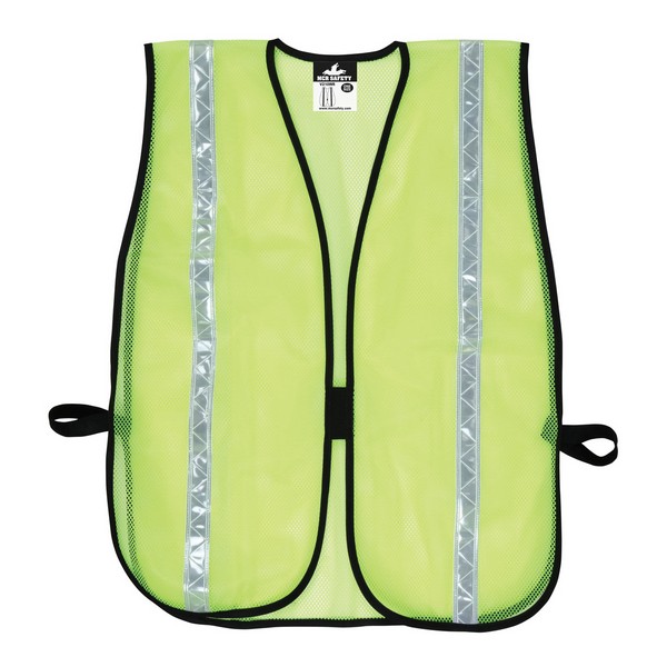 Safety Vest, General Purpose, Universal, Hi-Viz Fluorescent Lime, Polyester Mesh, White Stripe, Front Hook and Loop Closure