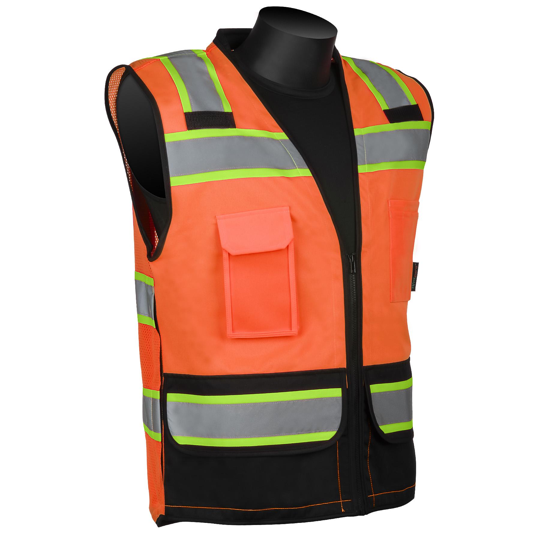 Surveyor Vest, Reflective, Series: C16032FB, XL Size, Hi-Viz Green, Mesh/Polyester, Front Zipper Closure, 8 Pockets, ANSI Class: Class 2