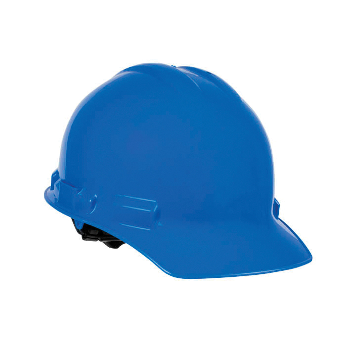 Hard Hat, Cap Style, Ocean Blue, Polyethylene, 4-Point Ratchet/Nylon Crown Strap Suspension, ANSI Electrical Class Rating: Class E and G, ANSI Impact Rating: ANSI Z89.1 Type I, Pin Lock/Quick Ratchet/Vertical Height Adjustment