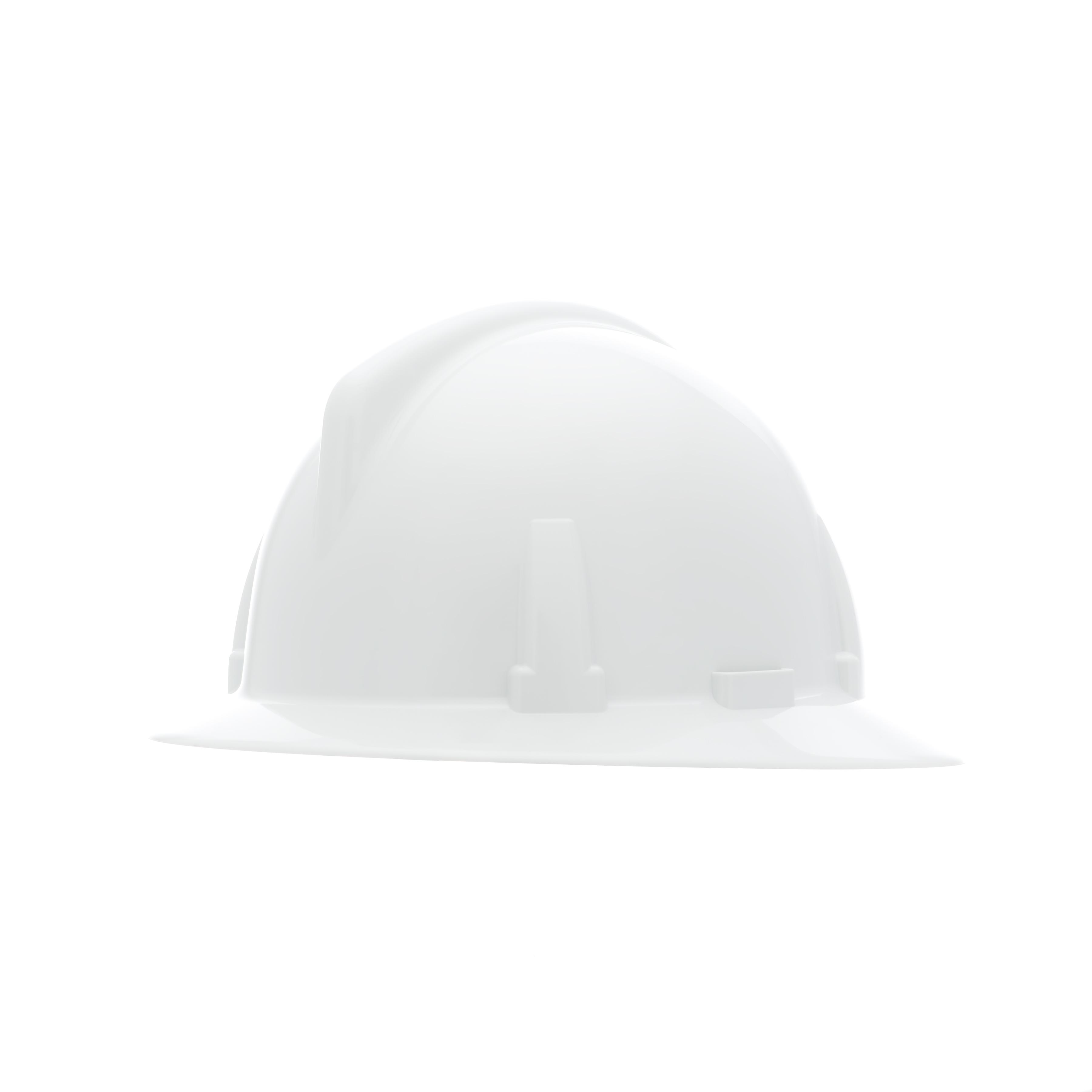 Hard Hat, Full Brim Non-Vented, Standard Size, Fits Minimum Hat Size: 6-1/2, Fits Maximum Hat Size: 8, White, Polycarbonate, 4-Point Suspension, ANSI Electrical Class Rating: Class E, ANSI Impact Rating: Type I, Slotted: No, Ratchet Adjustment