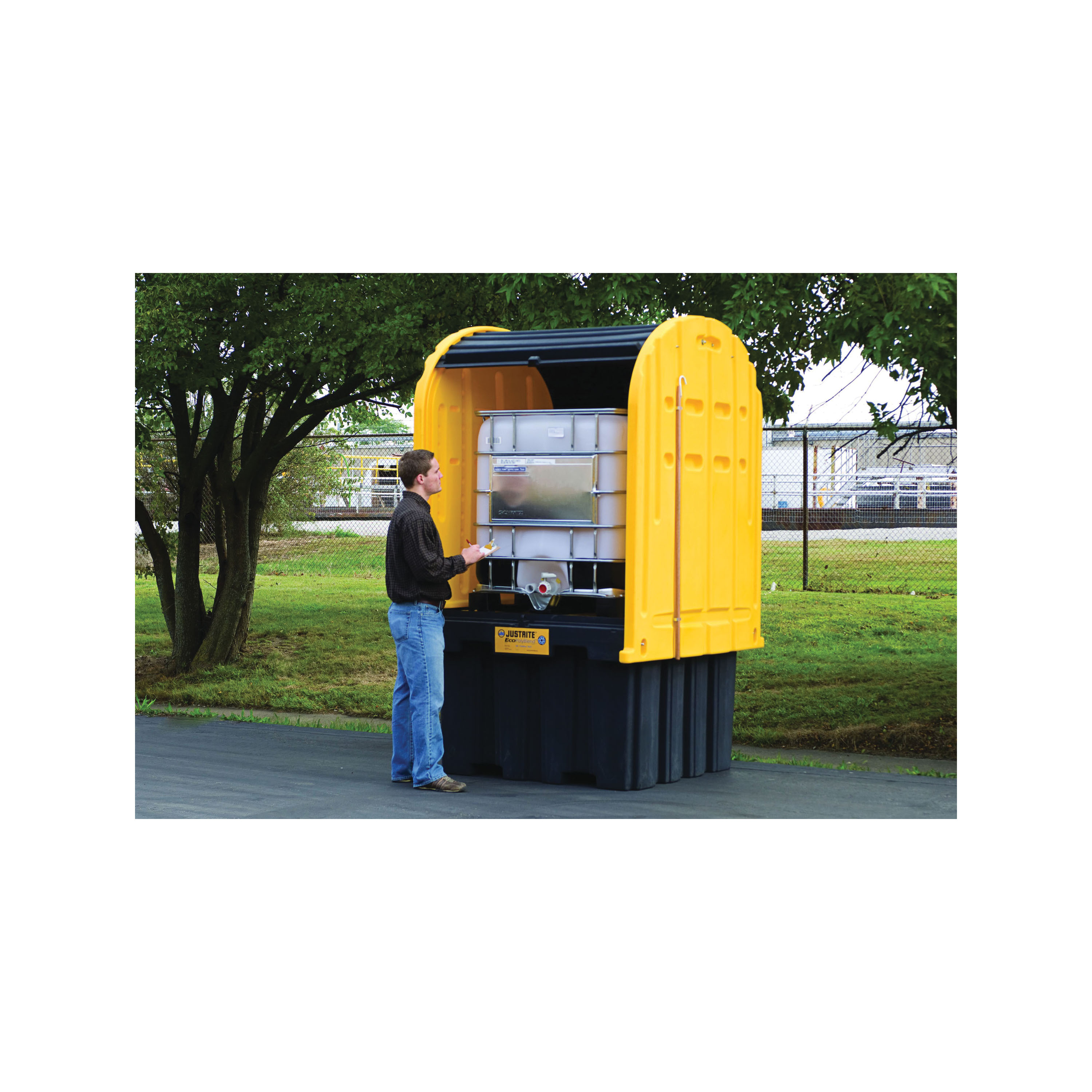 IBC Outdoor Shed, Series: EcoPolyBlend™, 9000 lb Load, 372 gal Spill, 103-3/4 in Height, 60-3/4 in Length, 68-1/2 in Width, 40% Recycled Polyethylene/Wood/Fiberglass, Yellow