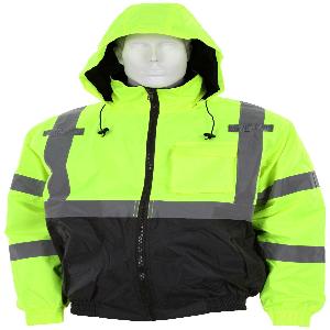 Bomber Jacket, Insulated, Series: Luminator™, 2XL, Black/Hi-Viz Fluorescent Lime, Polyester/Polyurethane, 58 in Chest, 29 in Length, Front Zipper Closure, ANSI/ISEA Type R Class 3 Specifications Met, Yes High-Visibility, Hideaway Drawstring Hood Styl