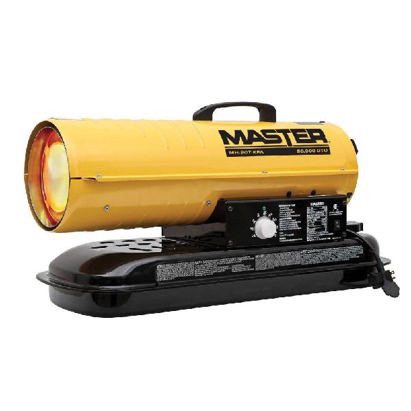 Air Forced Torpedo Heater, 80000 Btu/hr., 5 gal Tank, 0.63 gph Fuel, Kerosene/Diesel, 2000 sq-ft Heating Area, 9 hr., 240 cfm, 120 VAC, 1.5 A, 60 Hz, 30 in L x 12 in W x 15 in H, Import