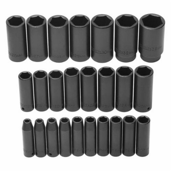 Socket Set, Deep, Yes Impact Rated, Measurement System: Metric, 25 Piece, 6 Points, Included Socket Size: 8 to 36 mm, 1/2 in Drive, Specifications Met: ASME B107.33, Alloy Steel, Black Oxide