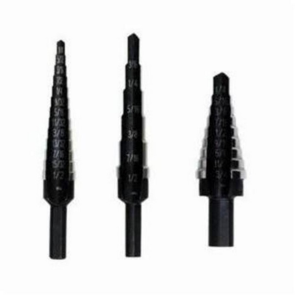 Step Drill Set, General Purpose, Imperial System of Measurement, #3 Minimum Drill Bit Size, #1 Maximum Drill Bit Size, 3 Piece, Specifications: 3-Flat Hex Shank, HSS