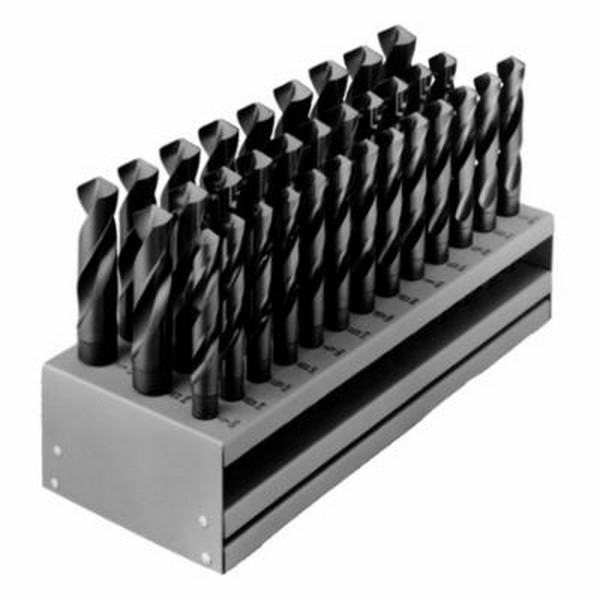 Silver and Deming Drill Set, Series: 190, Imperial System of Measurement, 1/2 in Minimum Drill Bit Size, 1 in Maximum Drill Bit Size, 118 deg Drill Point Angle, 33 Piece, Specifications: 1/2 in Reduced Round Shank, Radial Point, Right Hand Cut, Spira