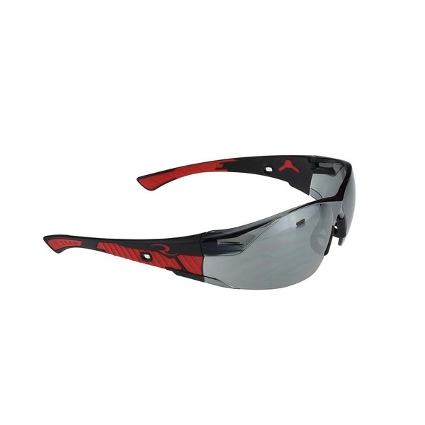 Safety Eyewear, Lightweight, Hard Coat/Impact-Resistant Lens Coating, Silver Mirror Lens, Black/Red Frame, Polycarbonate Lens, 99.9 % UV Protection, Molded Rubber/Wide Temple, Specifications Met: ANSI Z87.1