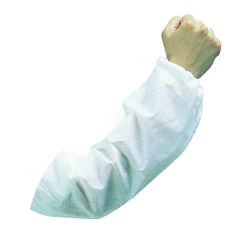 Sleeve, Durable, One Size, 18 in Length, SpunBonded Polypropylene, White, Elastic Cuff